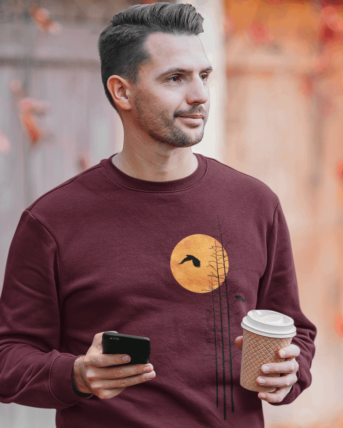Men's Nature Sweatshirt -Forest Graphic Sweater with Minimalist Sunset - Verdant Blossoms