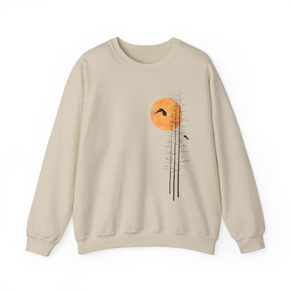 Men's Nature Sweatshirt -Forest Graphic Sweater with Minimalist Sunset - Verdant Blossoms