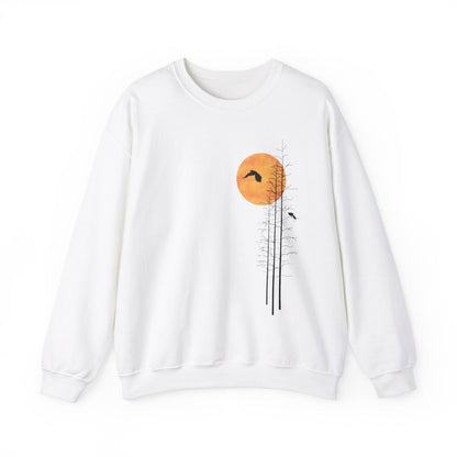 Men's Nature Sweatshirt -Forest Graphic Sweater with Minimalist Sunset - Verdant Blossoms