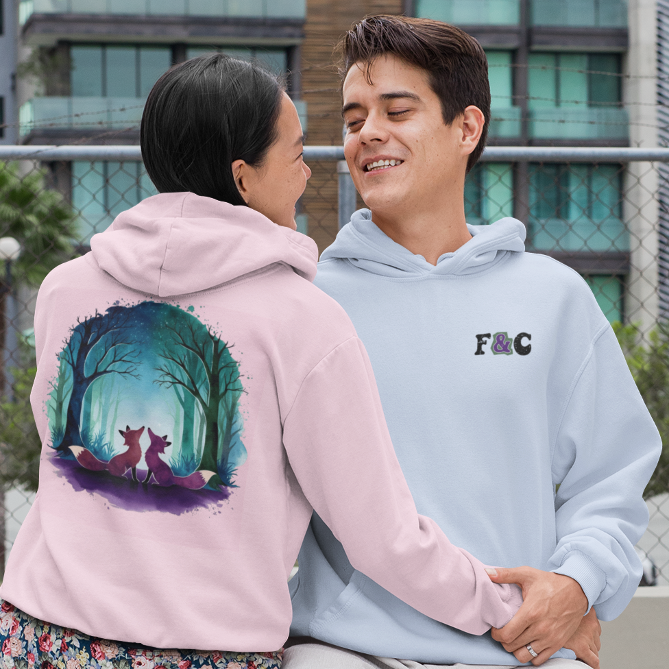 custom couple hoodie with initials, watercolor fox design